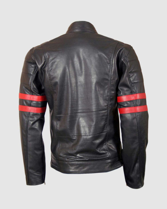 Biker Leather Jacket with Red Stripes