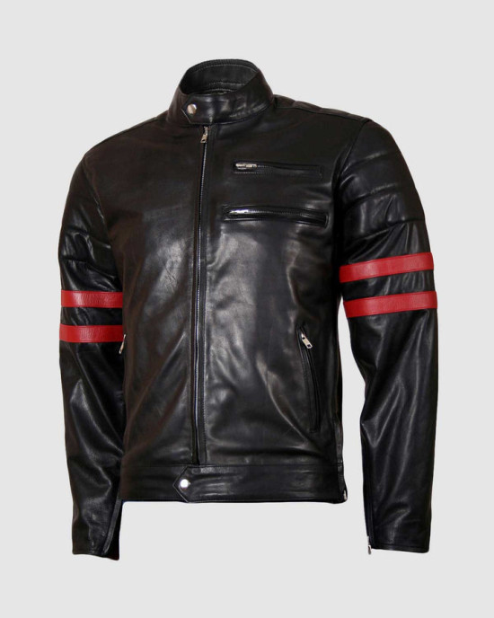 Biker Leather Jacket with Red Stripes