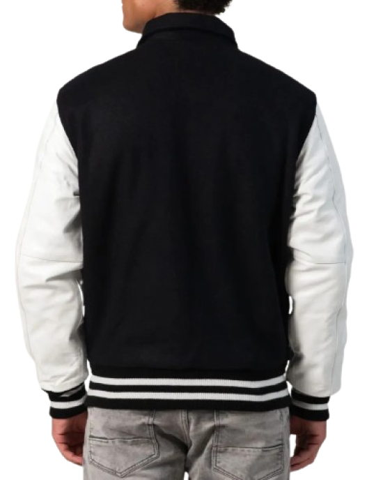 Black Body & White Leather Sleeves Letterman Jacket With Byron Collar and Zipper Black Body & White Leather Sleeves Letterman Jacket With Byron Collar and Zipper