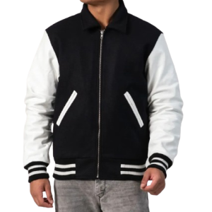 Black Body & White Leather Sleeves Letterman Jacket With Byron Collar and Zipper