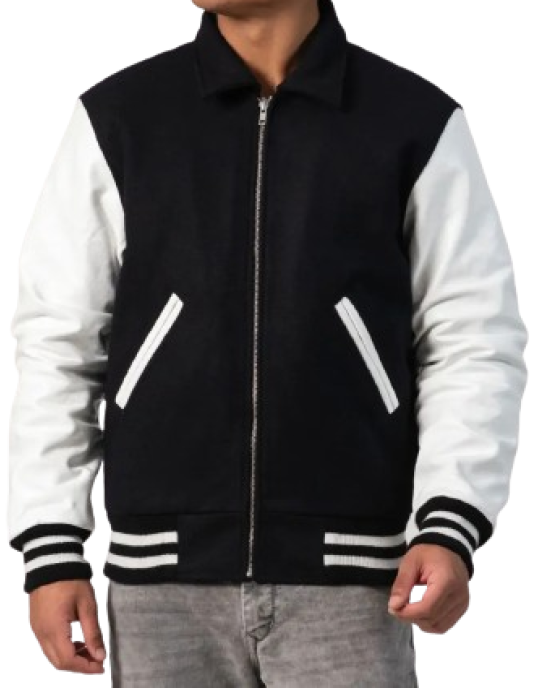 Black Body & White Leather Sleeves Letterman Jacket With Byron Collar and Zipper Black Body & White Leather Sleeves Letterman Jacket With Byron Collar and Zipper