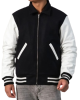 Black Body & White Leather Sleeves Letterman Jacket With Byron Collar and Zipper Black Body & White Leather Sleeves Letterman Jacket With Byron Collar and Zipper