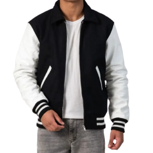 Black Body & White Leather Sleeves Letterman Jacket With Byron Collar and Zipper