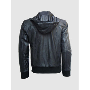 Black Hooded Leather Bomber Jacket