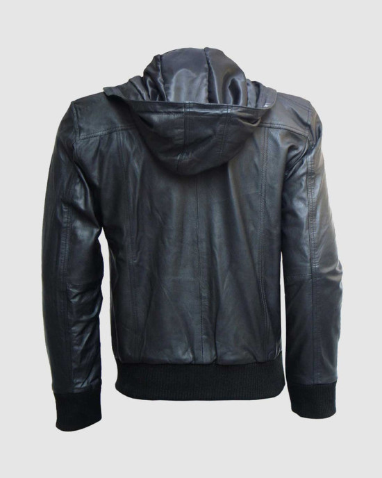Black Hooded Leather Bomber Jacket