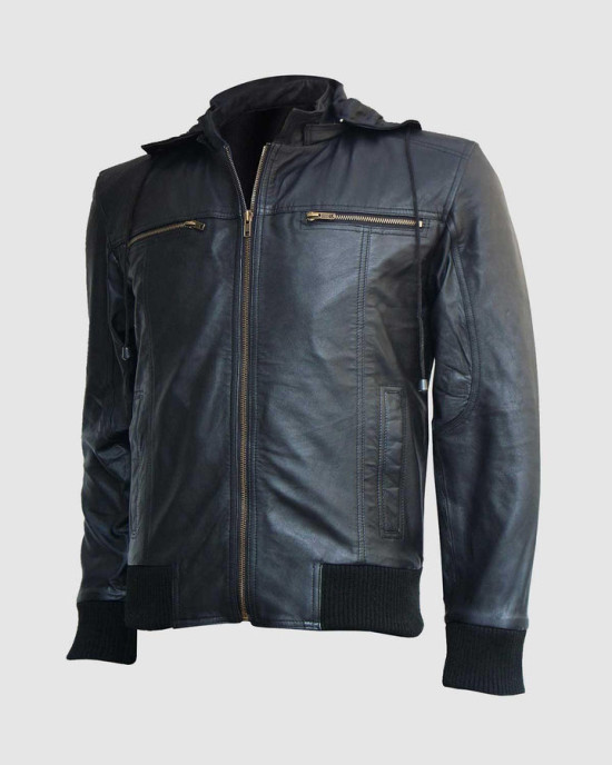 Black Hooded Leather Bomber Jacket