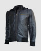 Black Hooded Leather Bomber Jacket