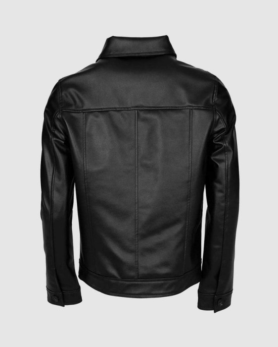 Black Leather Jacket for Men with Folded Collar
