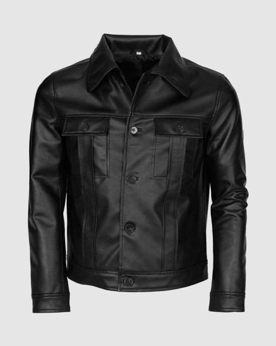 Black Leather Jacket for Men with Folded Collar