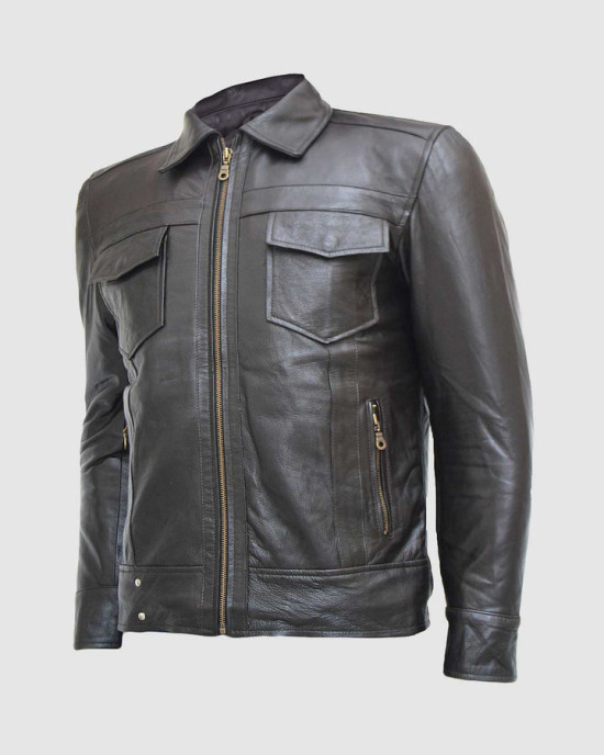 Black Leather Jacket with Classic Zipper