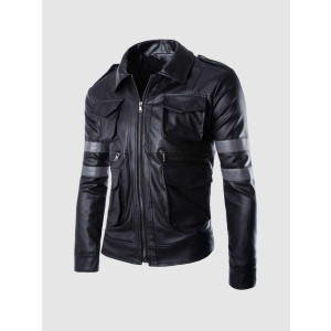 Black Leather Jacket with Grey Stripes