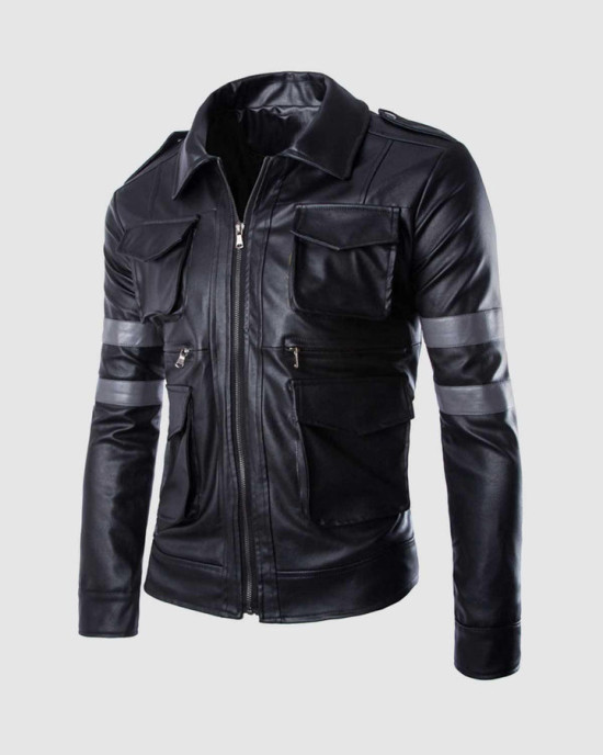 Black Leather Jacket with Grey Stripes Black Leather Jacket with Grey Stripes