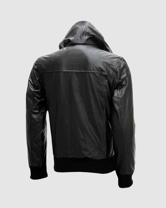Black Leather Jacket with Hoodie