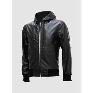 Black Leather Jacket with Hoodie