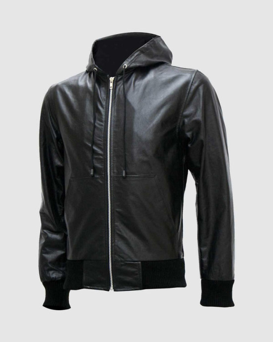 Black Leather Jacket with Hoodie