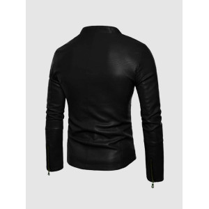 Black Leather Jacket with Small Collar