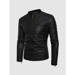 Black Leather Jacket with Small Collar
