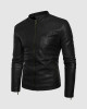 Black Leather Jacket with Small Collar