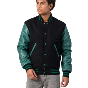 Black Melton Wool Body & Teal Leather Sleeves Letterman Jacket