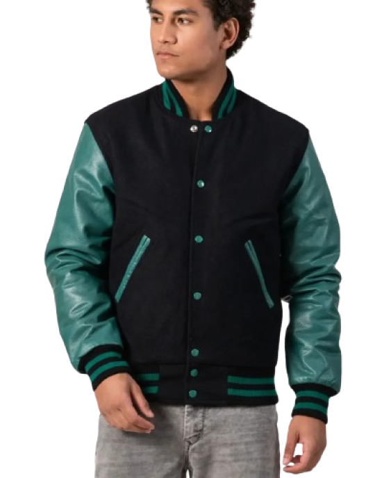 Black Melton Wool Body & Teal Leather Sleeves Letterman Jacket