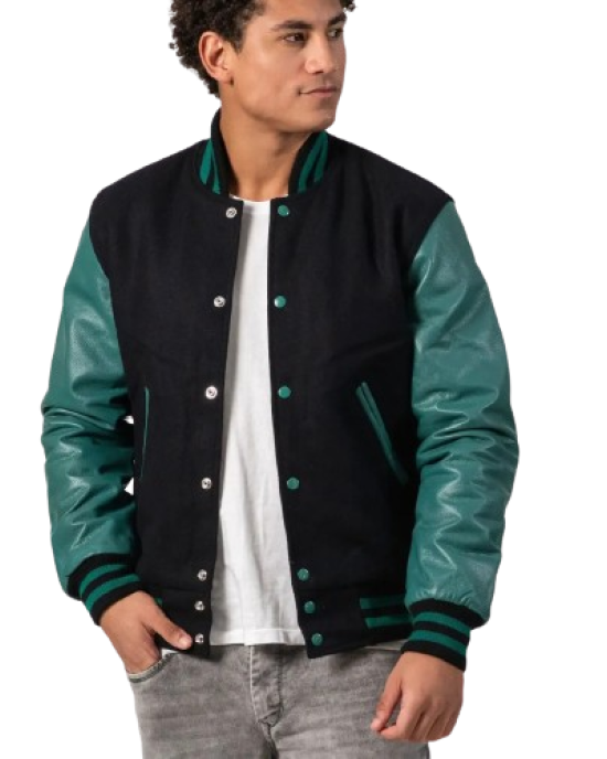 Black Melton Wool Body & Teal Leather Sleeves Letterman Jacket