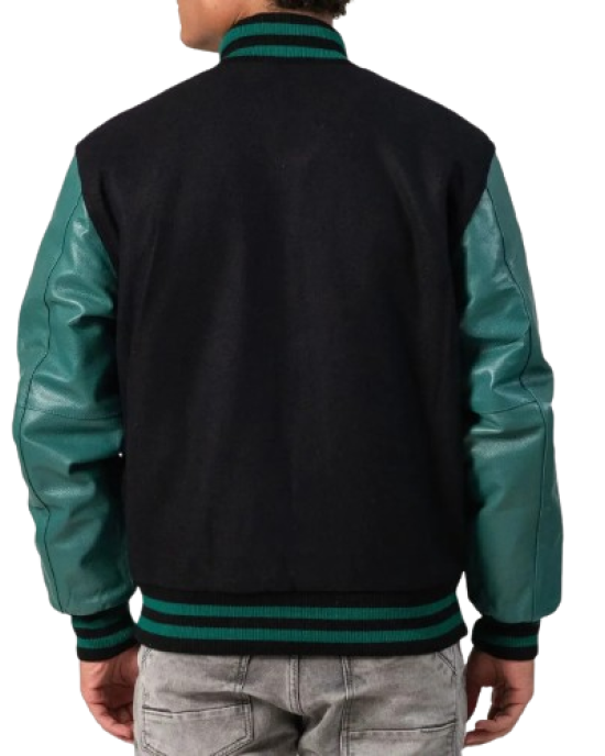 Black Melton Wool Body & Teal Leather Sleeves Letterman Jacket