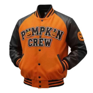Black/Orange Pumpkin Crew Wool/Leather Varsity Jacket