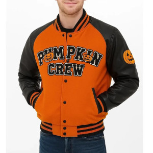 Black/Orange Pumpkin Crew Wool/Leather Varsity Jacket