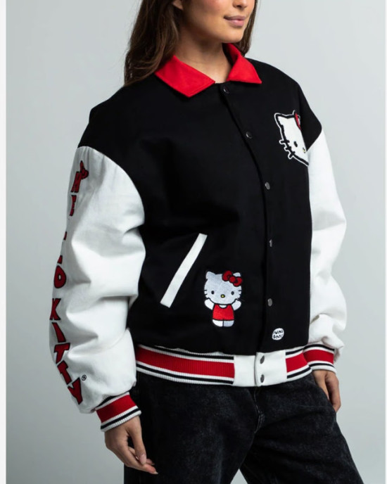 Black/White Hello Kitty Dumbgood Varsity Wool/Leather Jacket