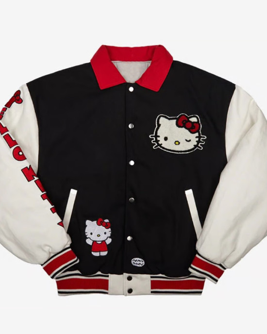Black/White Hello Kitty Dumbgood Varsity Wool/Leather Jacket