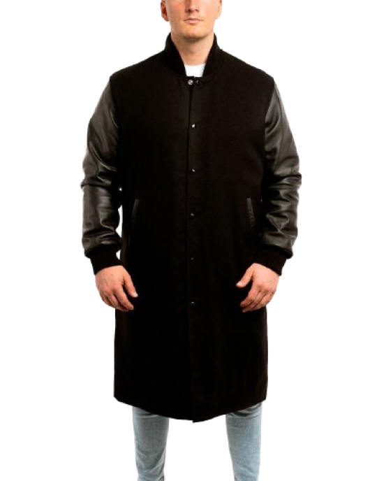 Black Wool Body & Black Leather Sleeves Letterman Coat Black Wool Body & Black Leather Sleeves Letterman Coat