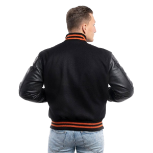 Black Wool Body & Black Leather Sleeves with Orange Stripes Letterman Jacket