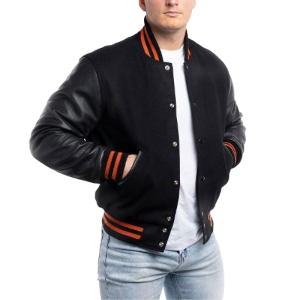 Black Wool Body & Black Leather Sleeves with Orange Stripes Letterman Jacket
