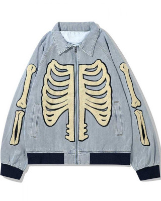  Blue/Black Denim Skulls Furry Patchwork Jacket