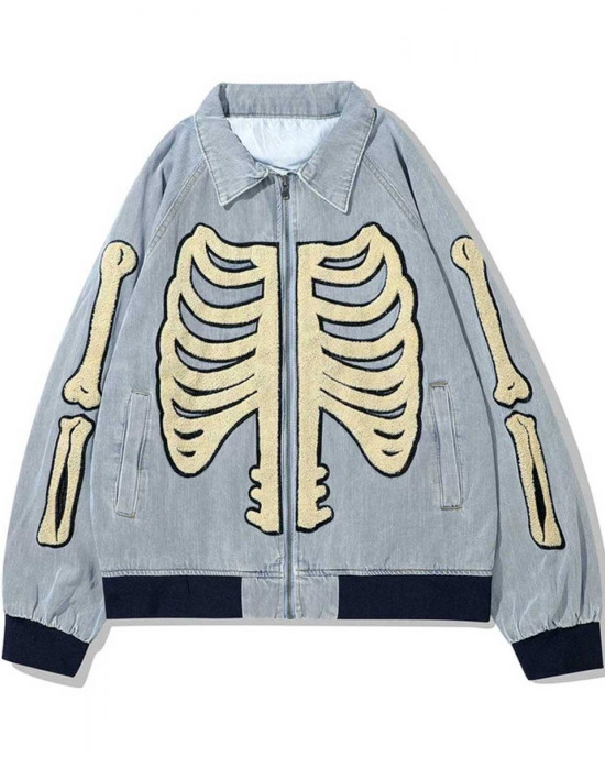 Blue/Black Denim Skulls Furry Patchwork Jacket Blue/Black Denim Skulls Furry Patchwork Jacket