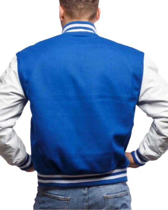 Blue Wool & White Genuine Leather Varsity Letterman Jacket Blue Wool & White Genuine Leather Varsity Letterman Jacket