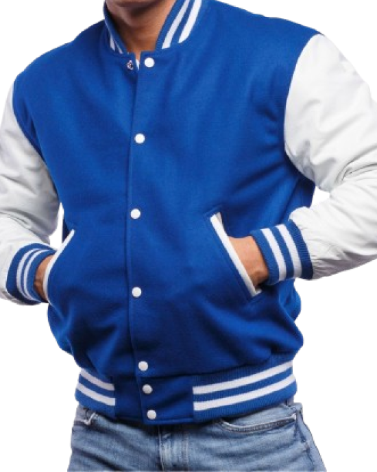 Blue Wool & White Genuine Leather Varsity Letterman Jacket Blue Wool & White Genuine Leather Varsity Letterman Jacket