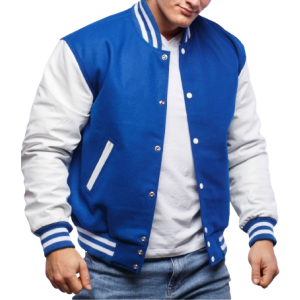 Blue Wool & White Genuine Leather Varsity Letterman Jacket