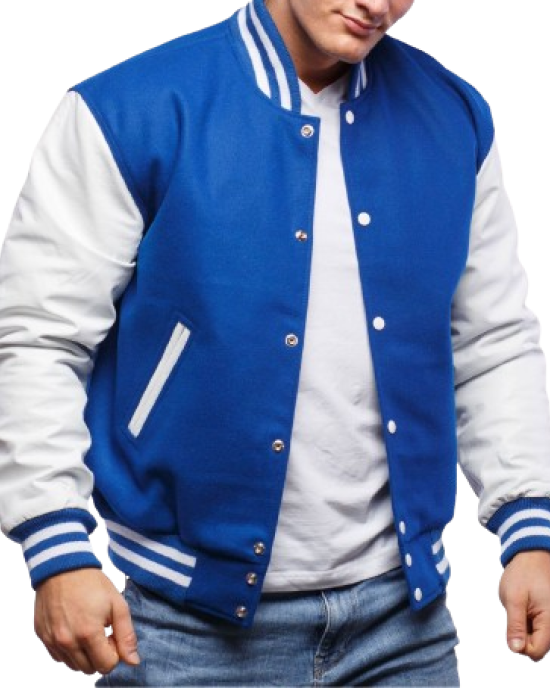 Blue Wool & White Genuine Leather Varsity Letterman Jacket Blue Wool & White Genuine Leather Varsity Letterman Jacket