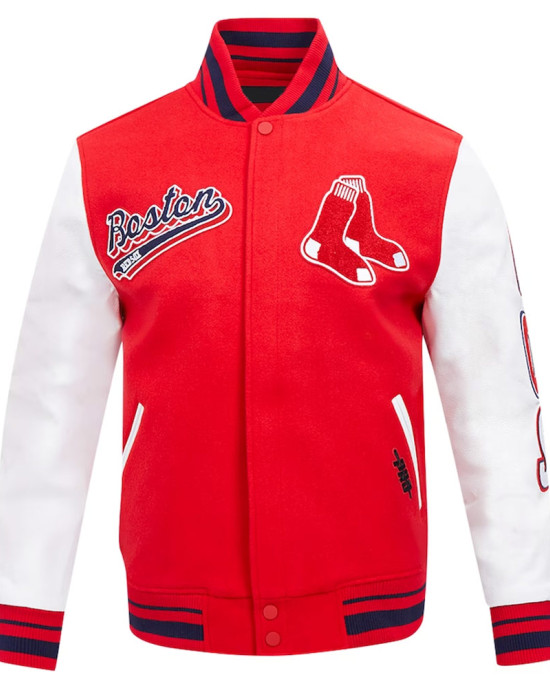 Boston Red Sox Script Tail Red and White Varsity Jacket Boston Red Sox Script Tail Red and White Varsity Jacket