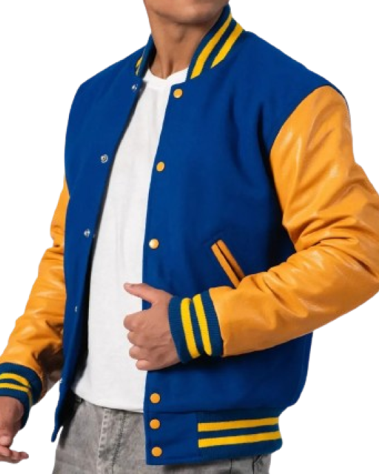 Bright Royal Body & Bright Gold Leather Sleeves Letterman Jacket Bright Royal Body & Bright Gold Leather Sleeves Letterman Jacket
