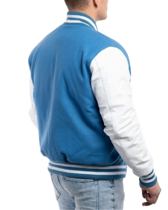 Bright White Leather Sleeves & Newark Blue Wool Body Letterman Jacket Bright White Leather Sleeves & Newark Blue Wool Body Letterman Jacket
