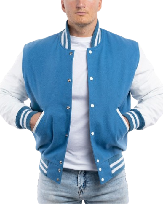 Bright White Leather Sleeves & Newark Blue Wool Body Letterman Jacket Bright White Leather Sleeves & Newark Blue Wool Body Letterman Jacket