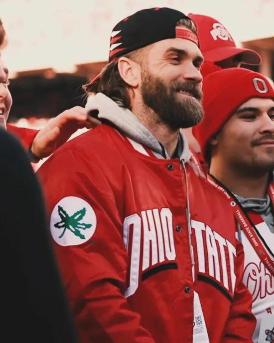 Bryce Harper Ohio State Bomber Full-Snap Red Satin Jacket Bryce Harper Ohio State Bomber Full-Snap Red Satin Jacket
