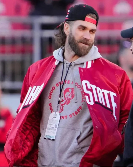 Bryce Harper Ohio State Bomber Full-Snap Red Satin Jacket Bryce Harper Ohio State Bomber Full-Snap Red Satin Jacket