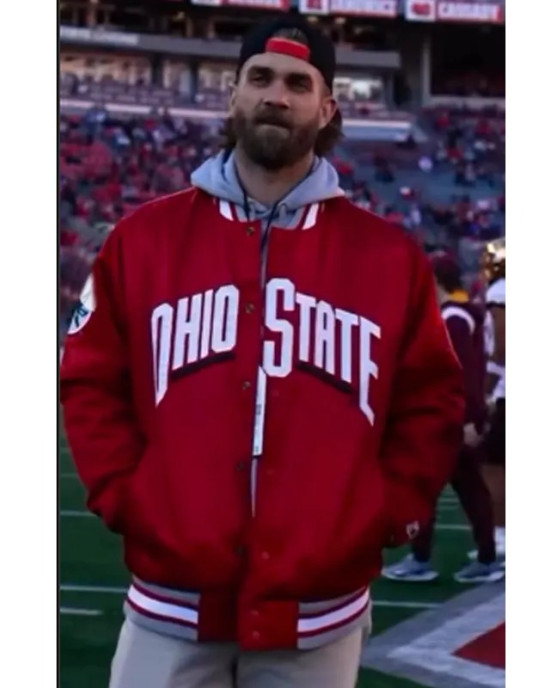 Bryce Harper Ohio State Bomber Full-Snap Red Satin Jacket Bryce Harper Ohio State Bomber Full-Snap Red Satin Jacket