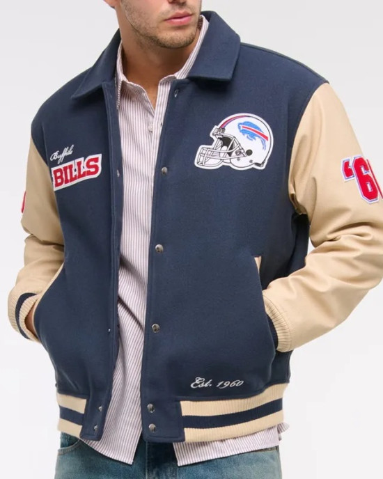 Buffalo Bills Blue and Eggshell Varsity Bomber Jacket
