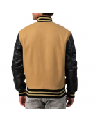Camel Wool Body & Black Leather Sleeves Letterman Coat