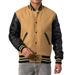 Camel Wool Body & Black Leather Sleeves Letterman Jacket