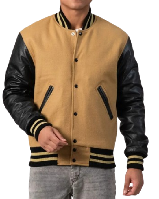 Camel Wool Body & Black Leather Sleeves Letterman Jacket